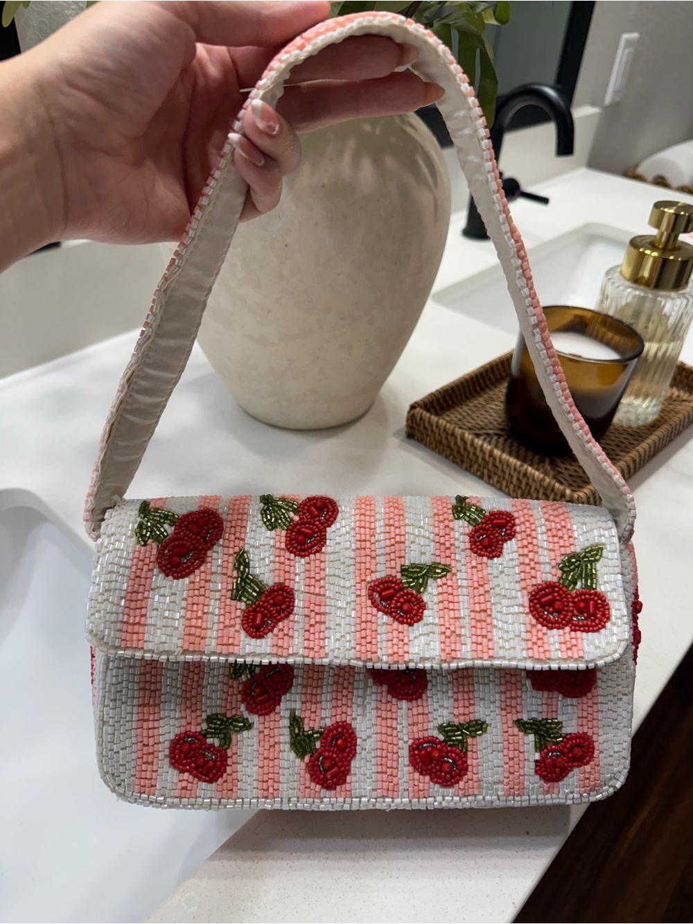 Beaded Cherry Embroidered Shoulder Bag - Pink/White